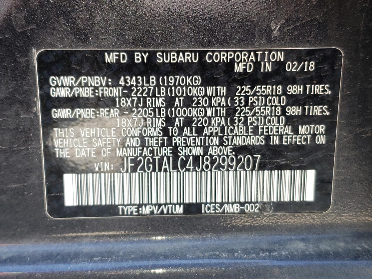 Photo 10 from auction – 2018 SUBARU CROSSTREK with VIN JF2GTALC4J8299207