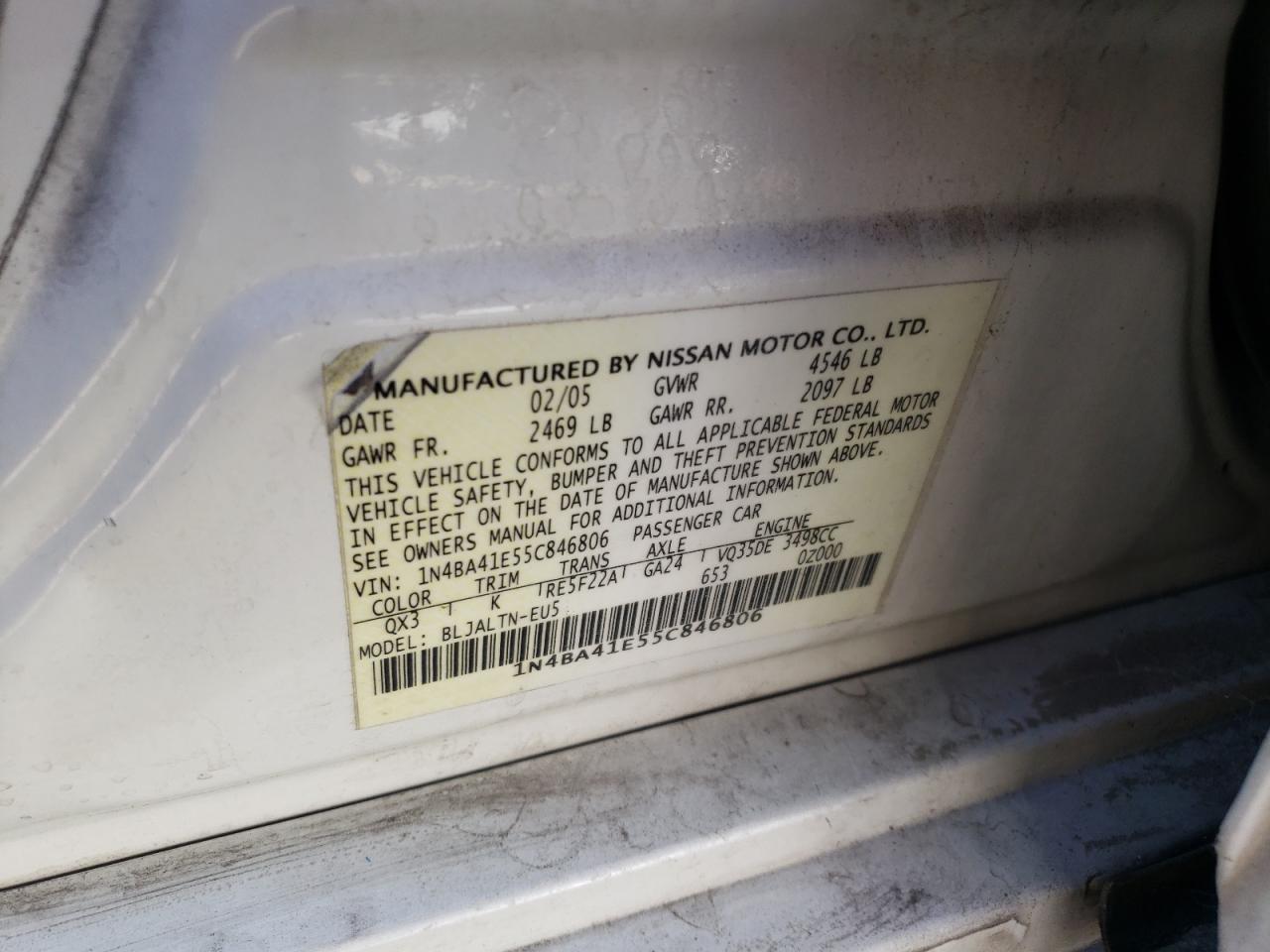 Photo 10 from auction – 2005 NISSAN MAXIMA SE with VIN 1N4BA41E55C846806
