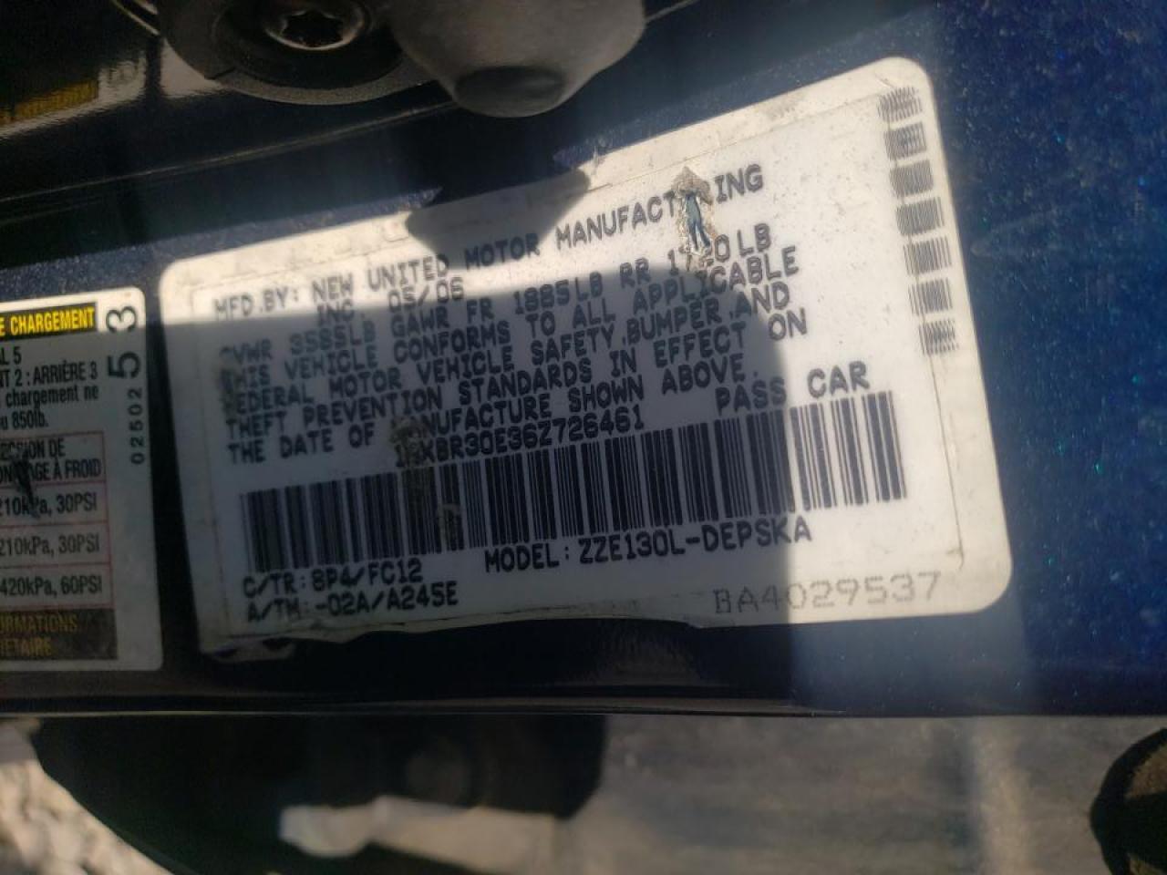 Photo 10 from auction – 2006 TOYOTA COROLLA CE with VIN 1NXBR30E36Z726461