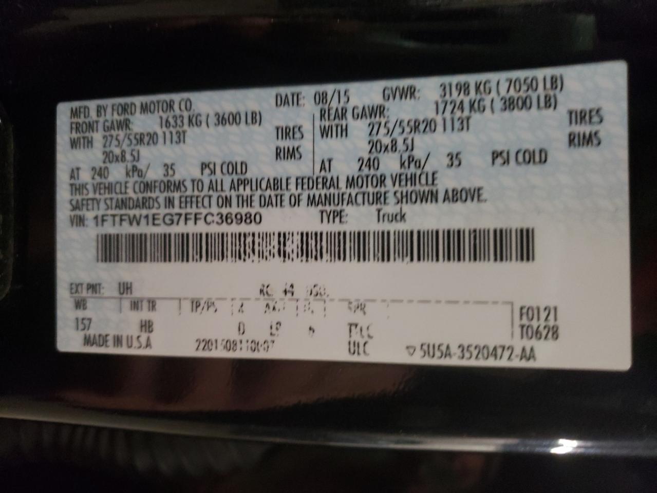 Photo 11 from auction – 2015 FORD F150 SUPER with VIN 1FTFW1EG7FFC36980