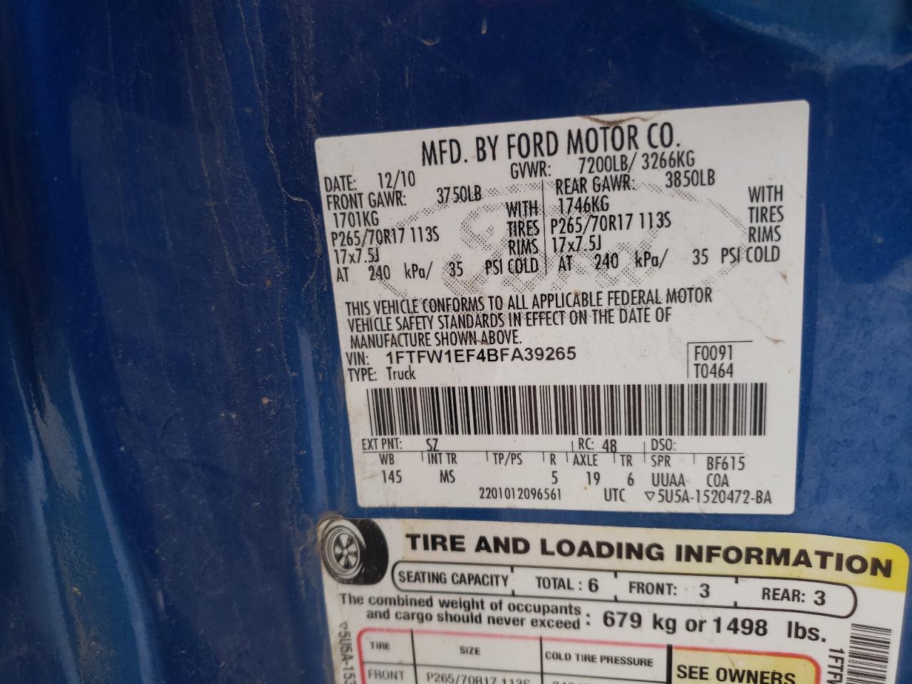 Photo 10 from auction – 2011 FORD F150 SUPER with VIN 1FTFW1EF4BFA39265