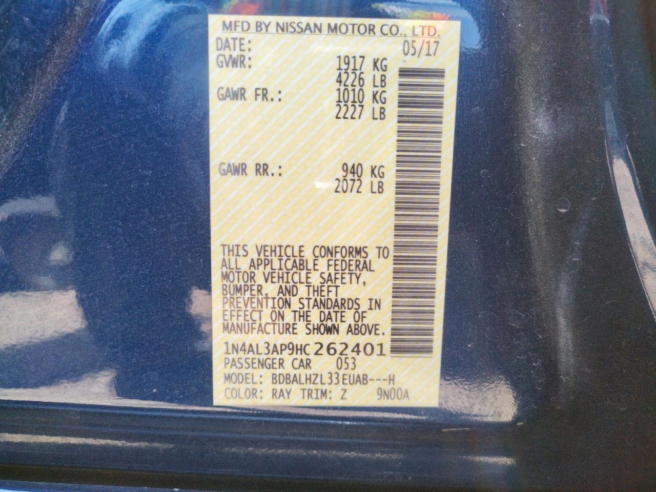 Photo 10 from auction – 2017 NISSAN ALTIMA 2.5 with VIN 1N4AL3AP9HC262401