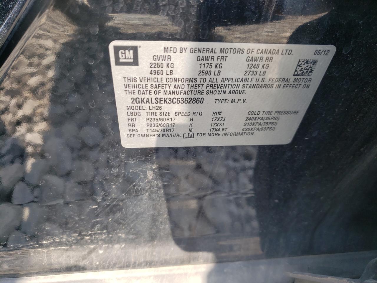 Photo 10 from auction – 2012 GMC TERRAIN SL with VIN 2GKALSEK3C6362860