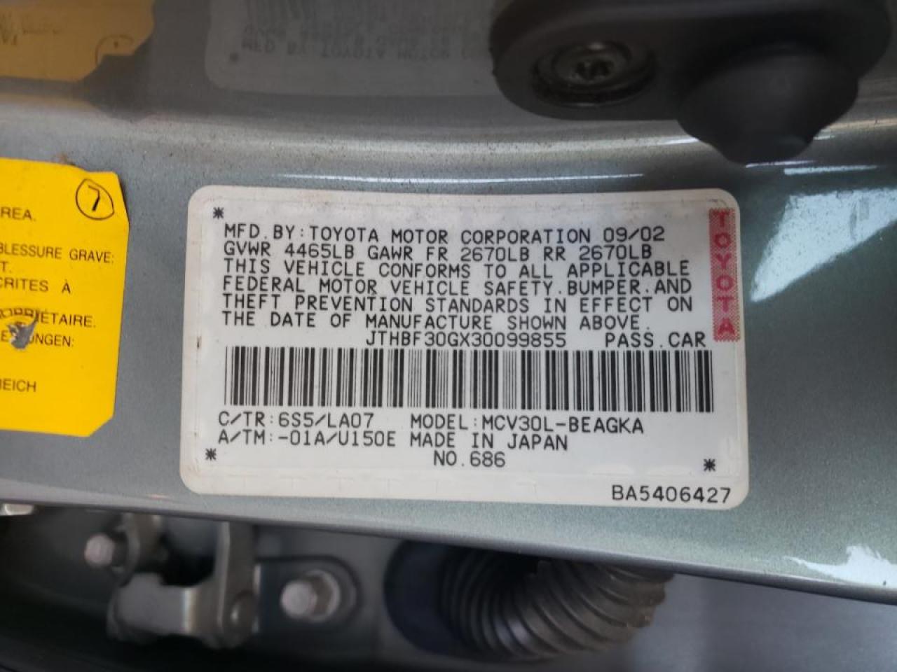 Photo 10 from auction – 2003 LEXUS ES 300 with VIN JTHBF30GX30099855