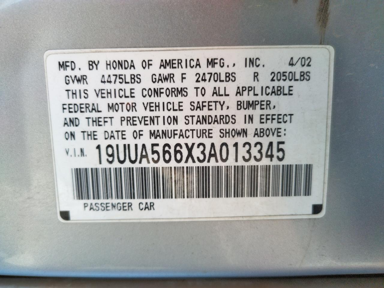 Photo 10 from auction – 2003 ACURA 3.2TL with VIN 19UUA566X3A013345