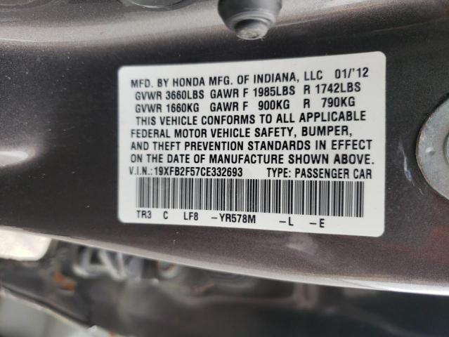 Photo 10 from auction – 2012 HONDA CIVIC LX with VIN 19XFB2F57CE332693