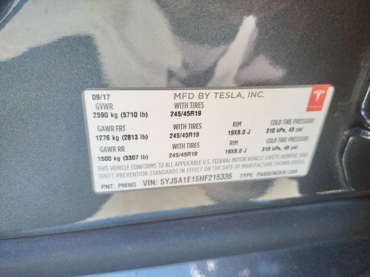 Photo 10 from auction – 2017 TESLA MODEL S with VIN 5YJSA1E15HF215335