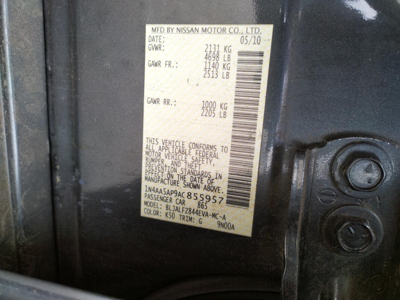Photo 10 from auction – 2010 NISSAN MAXIMA S with VIN 1N4AA5AP9AC855957