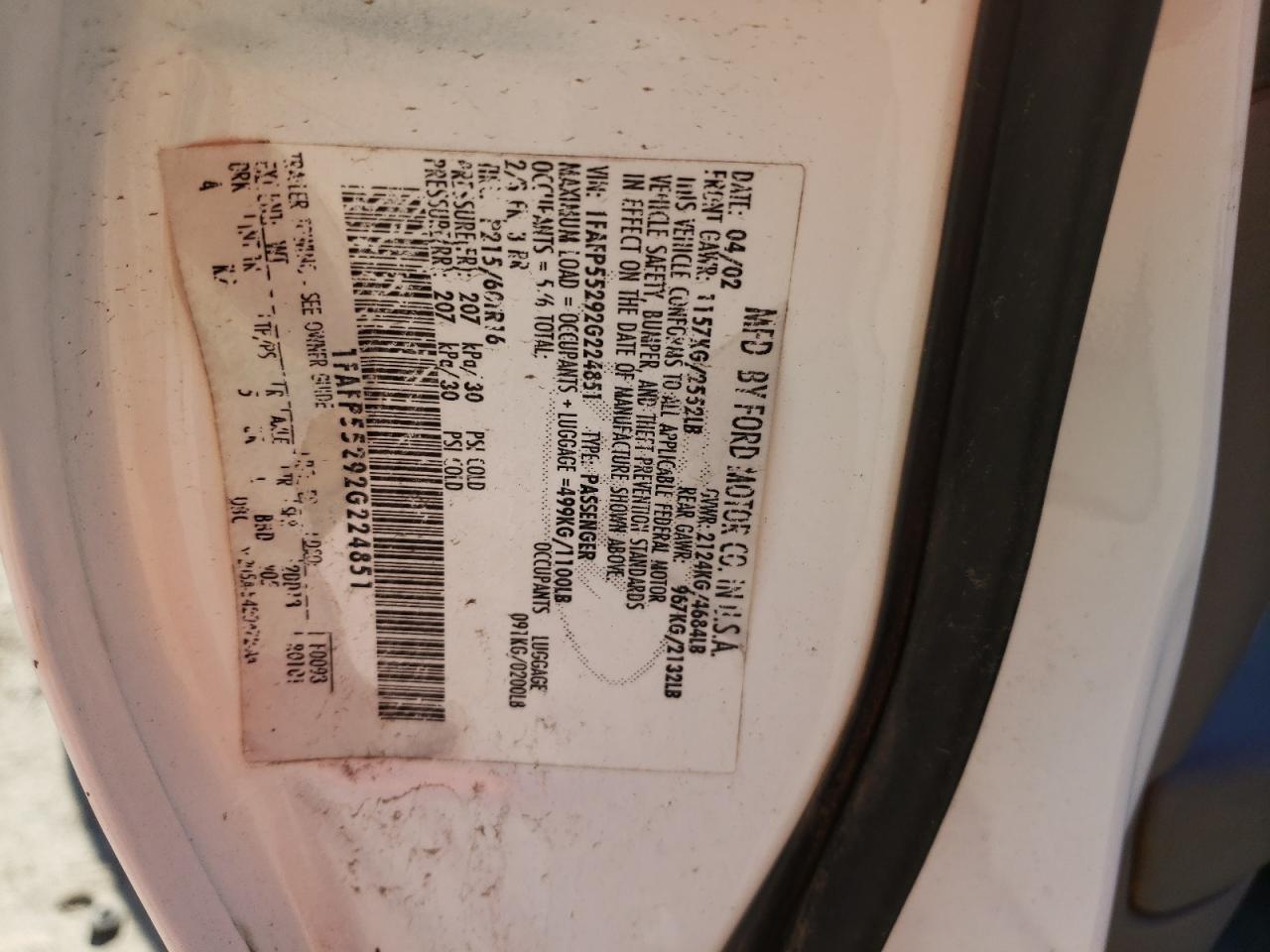 Photo 10 from auction – 2002 FORD TAURUS SES with VIN 1FAFP55292G224851