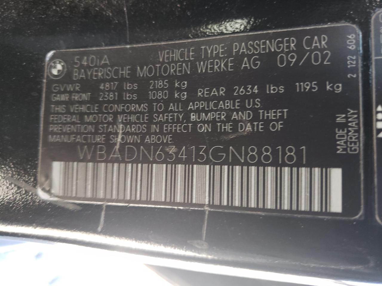 Photo 10 from auction – 2003 BMW 540 I AUTO with VIN WBADN63413GN88181