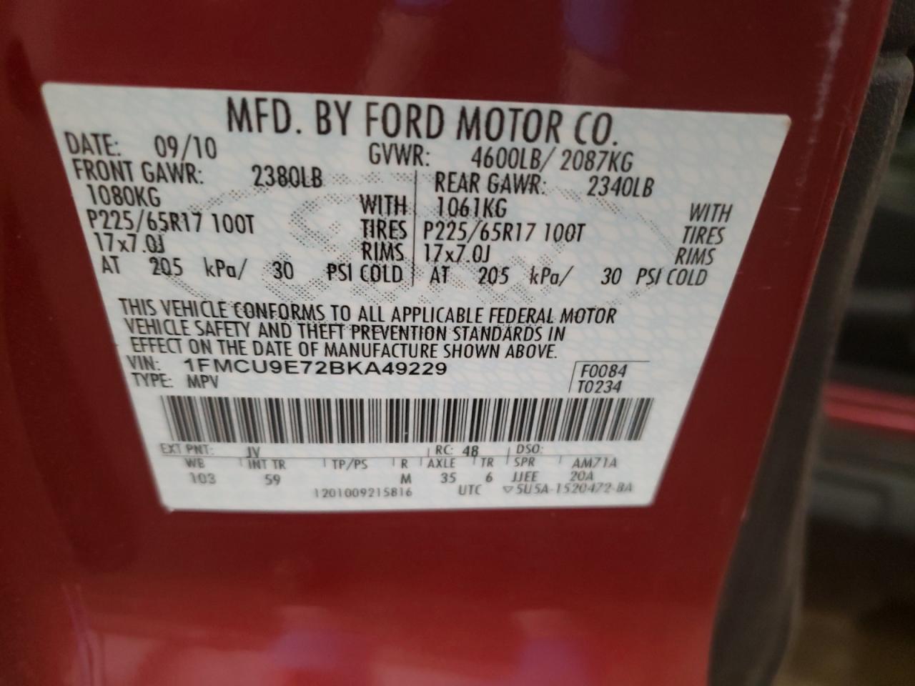 Photo 10 from auction – 2011 FORD ESCAPE LIM with VIN 1FMCU9E72BKA49229