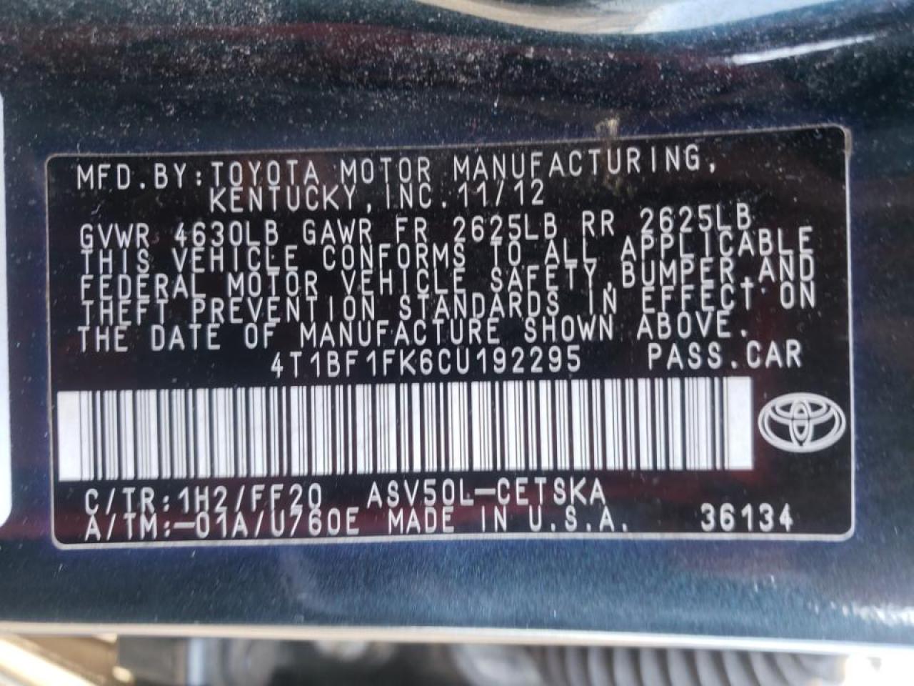 Photo 10 from auction – 2012 TOYOTA CAMRY BASE with VIN 4T1BF1FK6CU192295