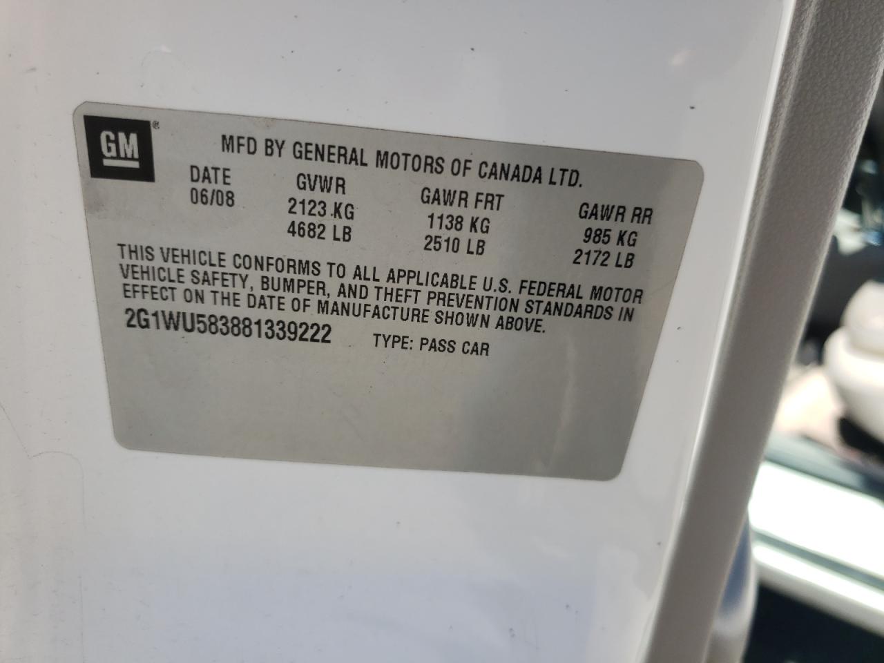 Photo 10 from auction – 2008 CHEVROLET IMPALA LTZ with VIN 2G1WU583881339222