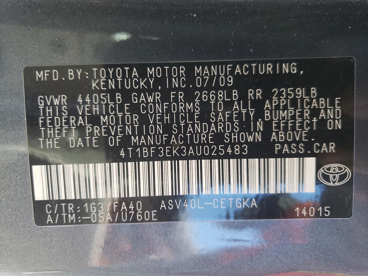 Photo 10 from auction – 2010 TOYOTA CAMRY BASE with VIN 4T1BF3EK3AU025483