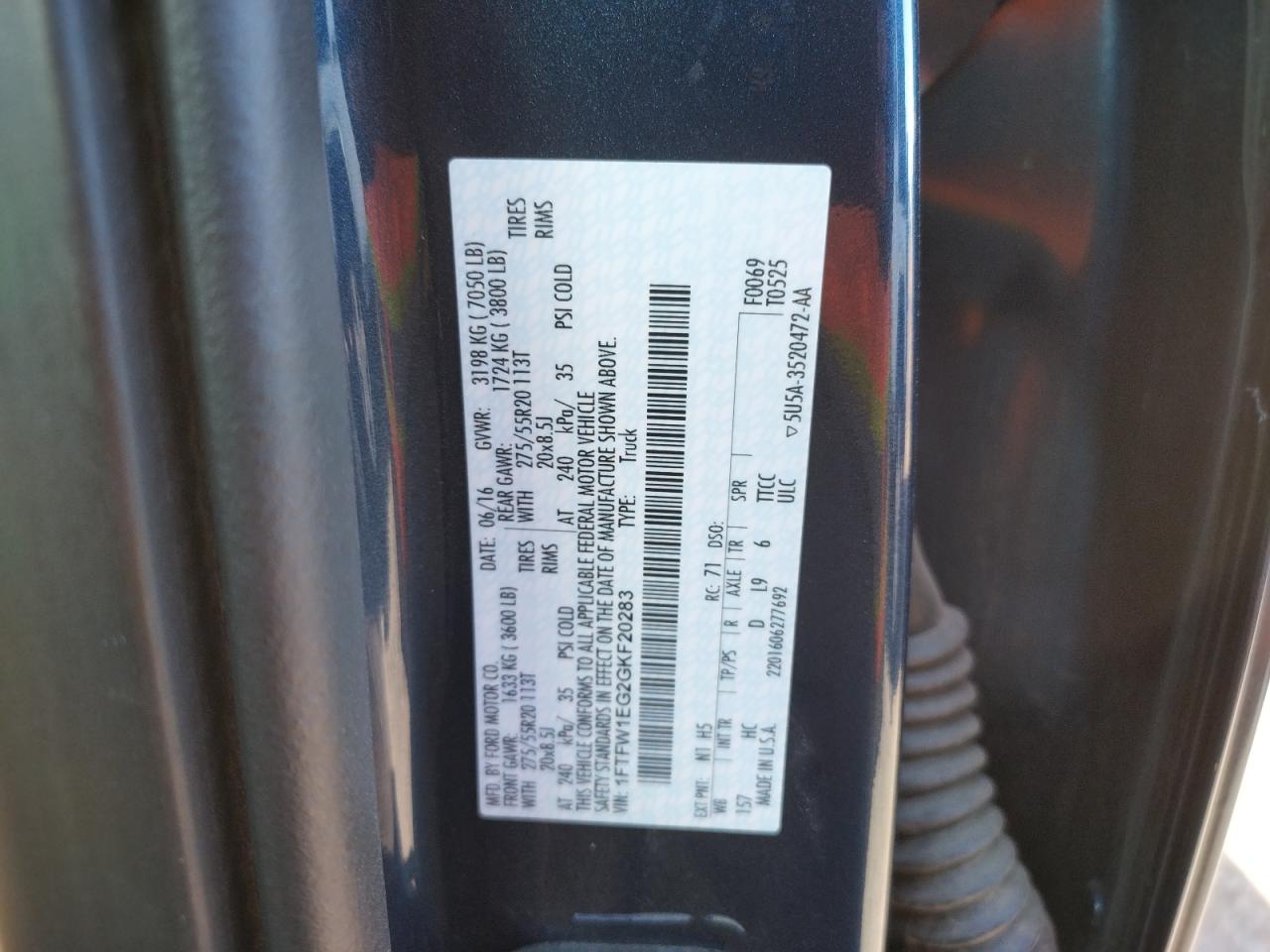 Photo 10 from auction – 2016 FORD F150 SUPER with VIN 1FTFW1EG2GKF20283