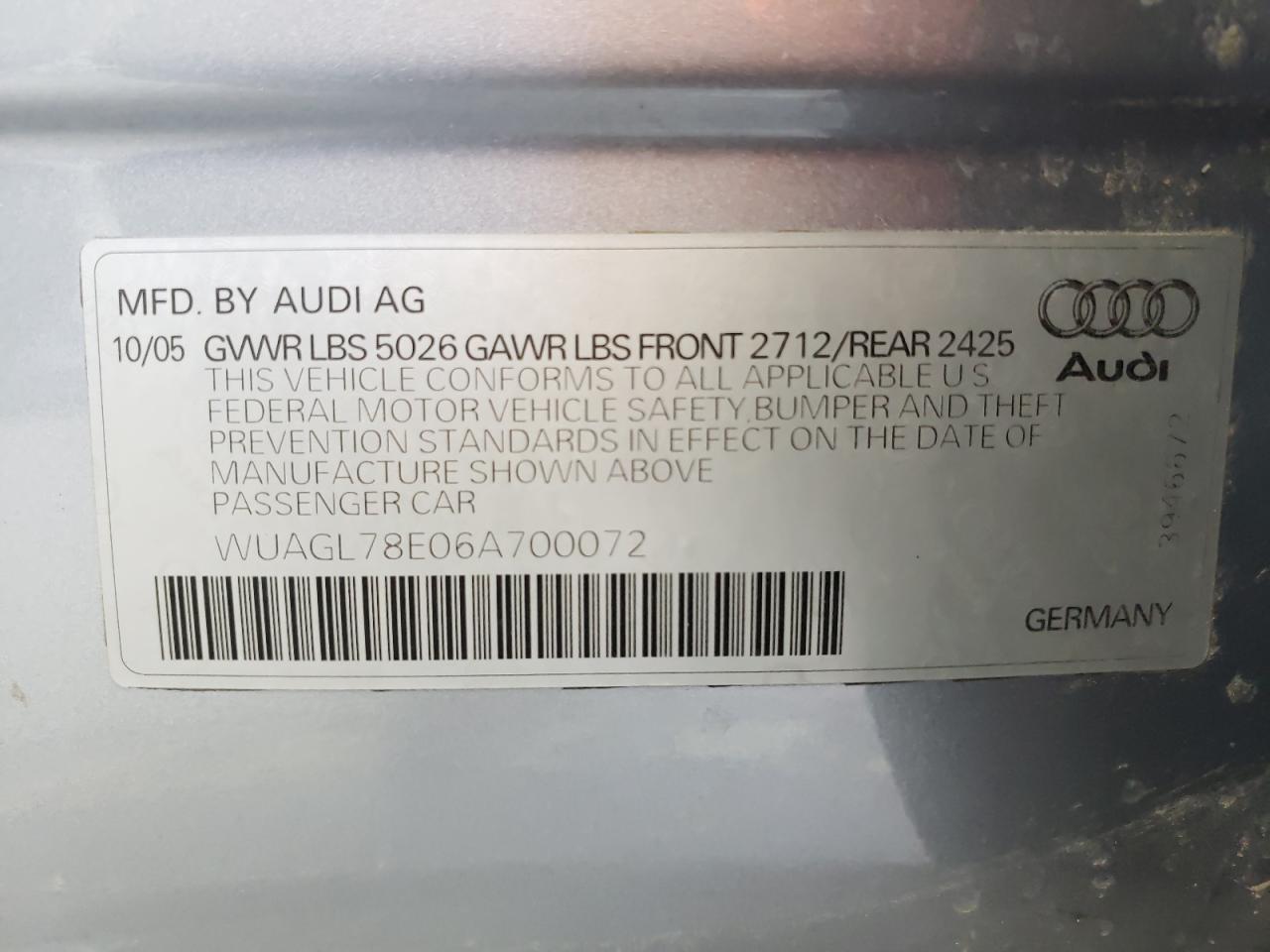 Photo 11 from auction – 2006 AUDI S4 QUATTRO with VIN WUAGL78E06A700072