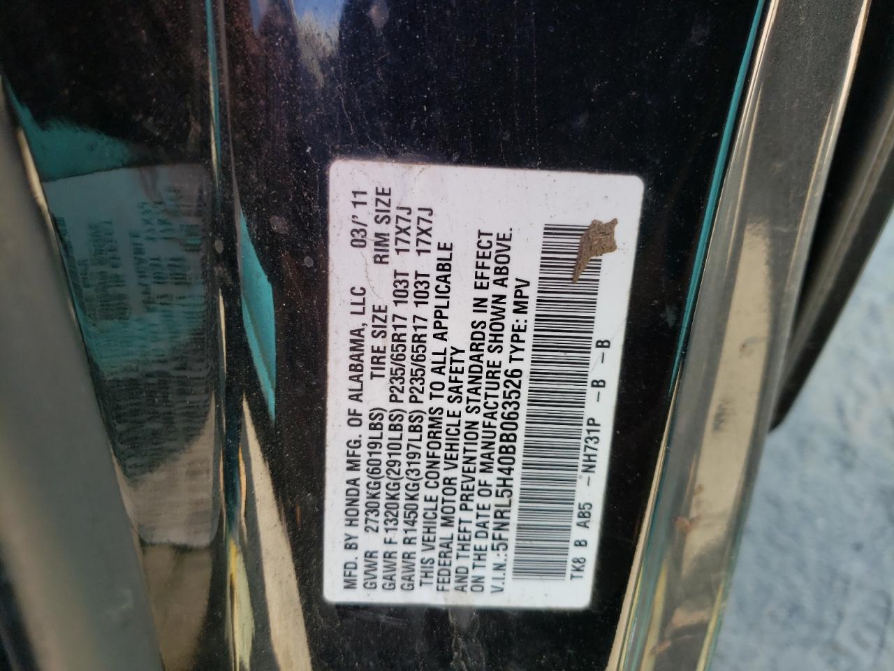 Photo 10 from auction – 2011 HONDA ODYSSEY EX with VIN 5FNRL5H40BB063526