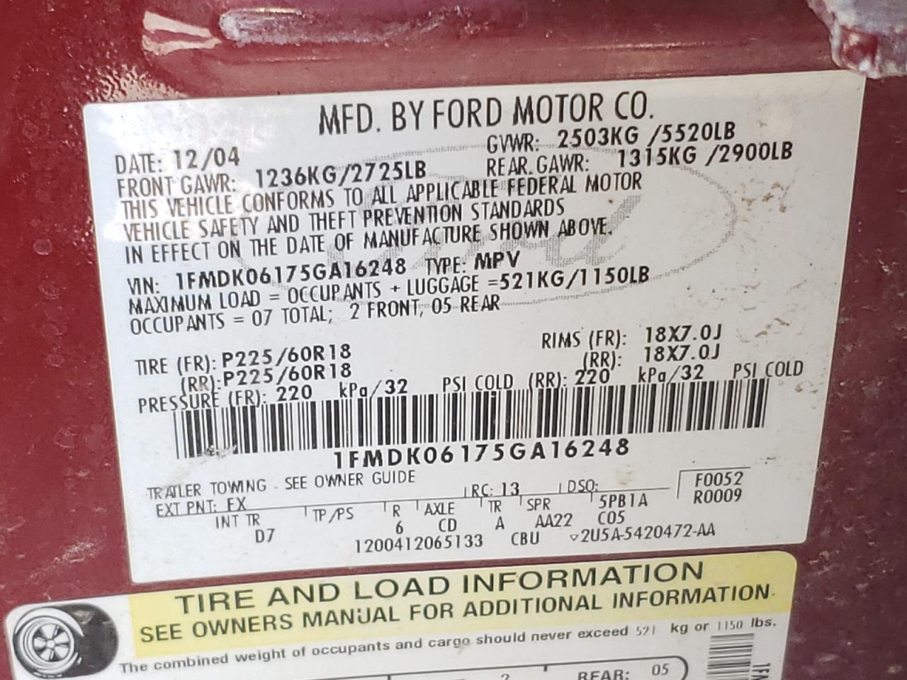 Photo 10 from auction – 2005 FORD FREESTYLE with VIN 1FMDK06175GA16248