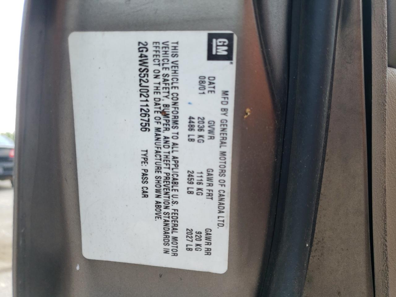 Photo 10 from auction – 2002 BUICK CENTURY CU with VIN 2G4WS52J021126756