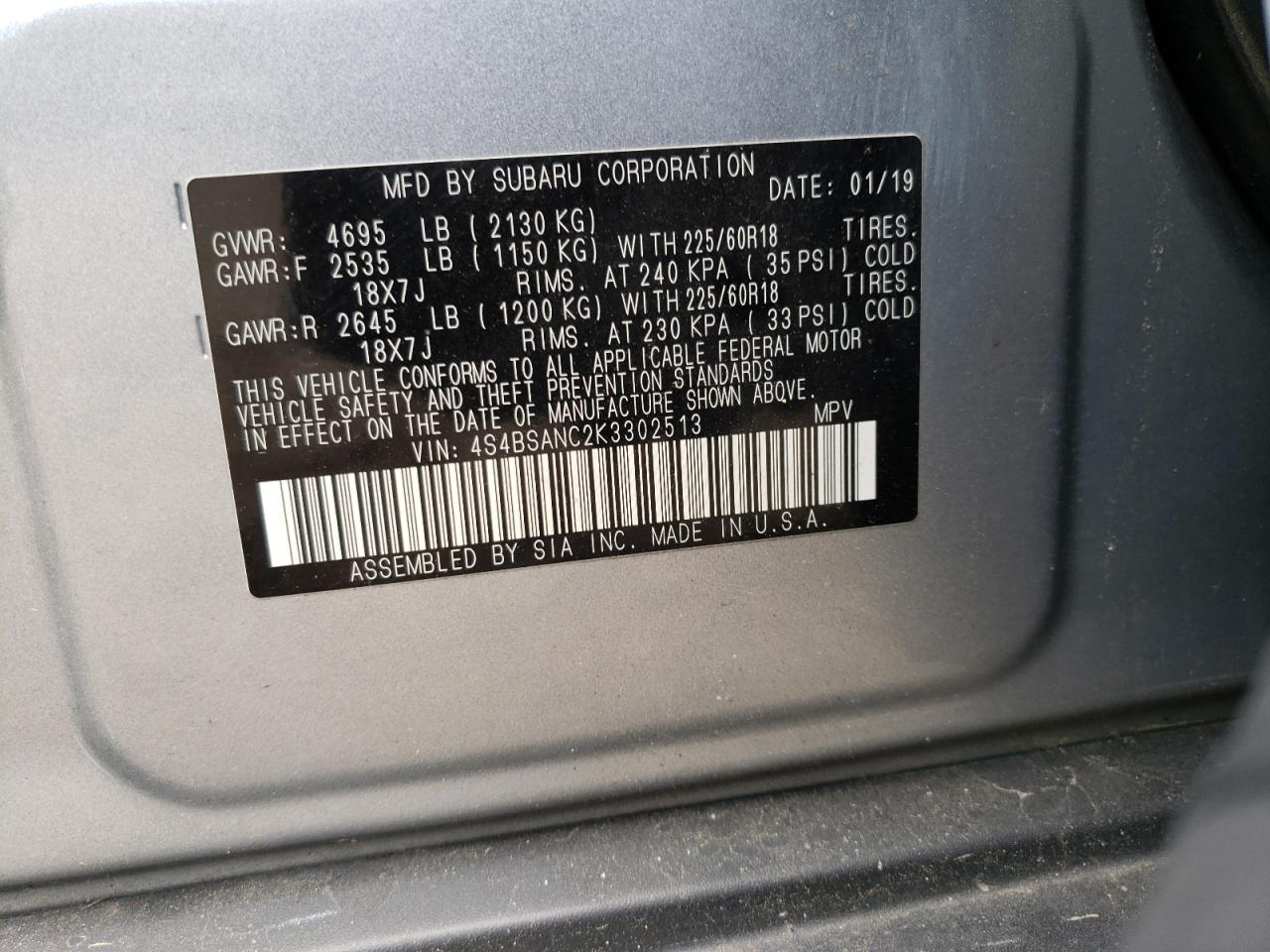 Photo 10 from auction – 2019 SUBARU OUTBACK 2. with VIN 4S4BSANC2K3302513