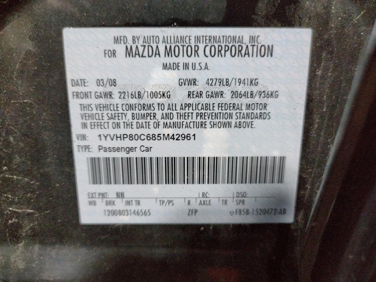 Photo 10 from auction – 2008 MAZDA 6 I with VIN 1YVHP80C685M42961