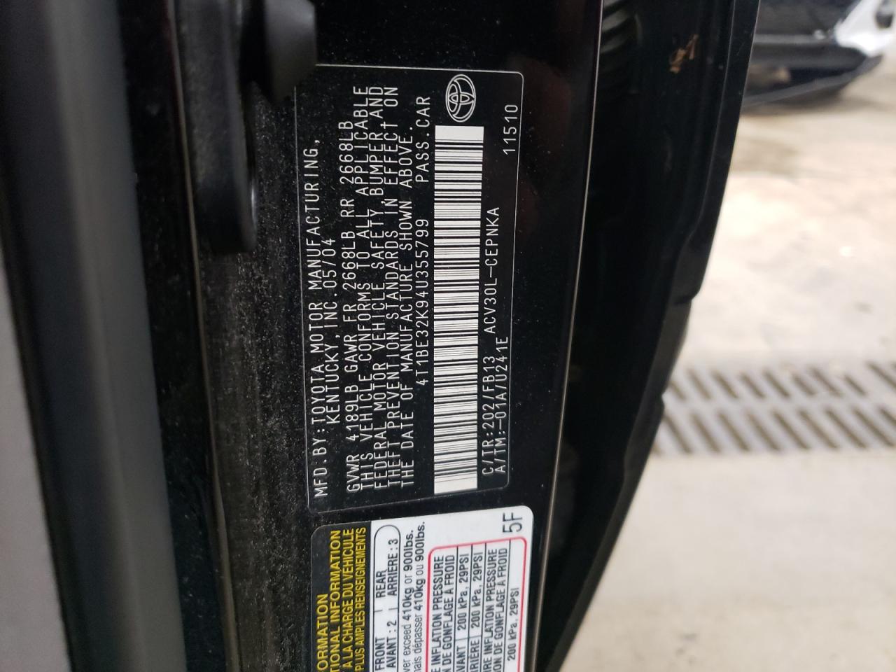Photo 10 from auction – 2004 TOYOTA CAMRY LE with VIN 4T1BE32K94U355799