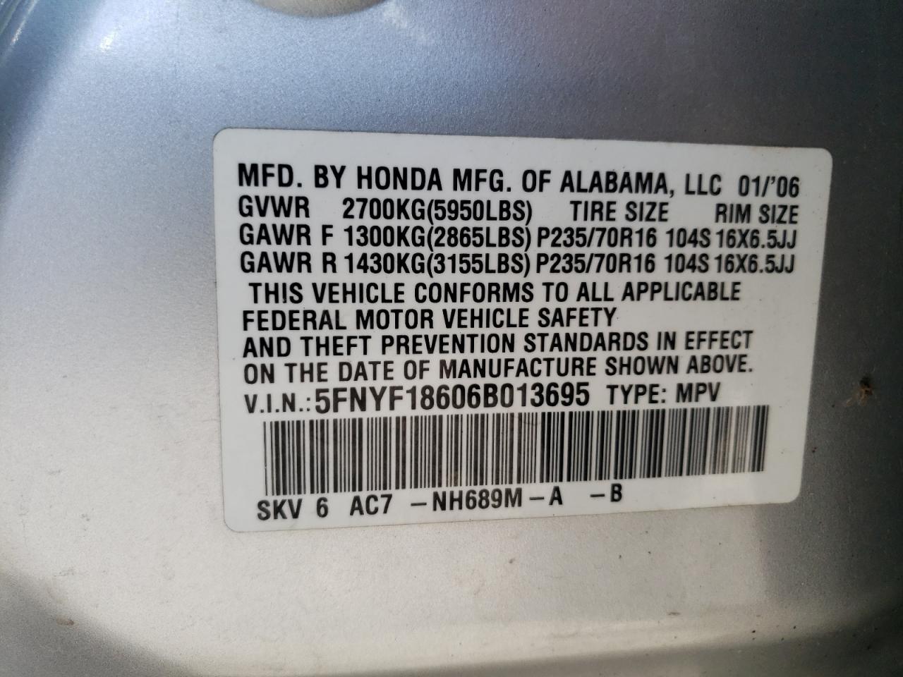 Photo 10 from auction – 2006 HONDA PILOT EX with VIN 5FNYF18606B013695