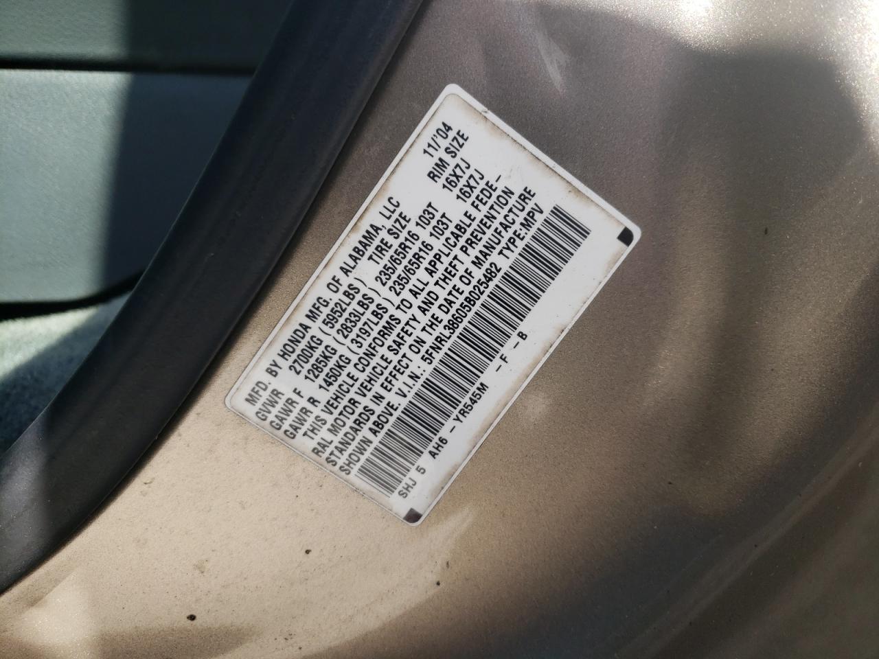 Photo 10 from auction – 2005 HONDA ODYSSEY EX with VIN 5FNRL38605B025482