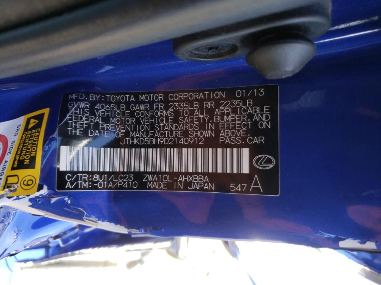 Photo 10 from auction – 2013 LEXUS CT 200 with VIN JTHKD5BH9D2140912