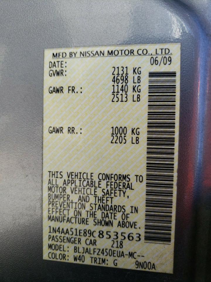 Photo 10 from auction – 2009 NISSAN MAXIMA S with VIN 1N4AA51E89C853563
