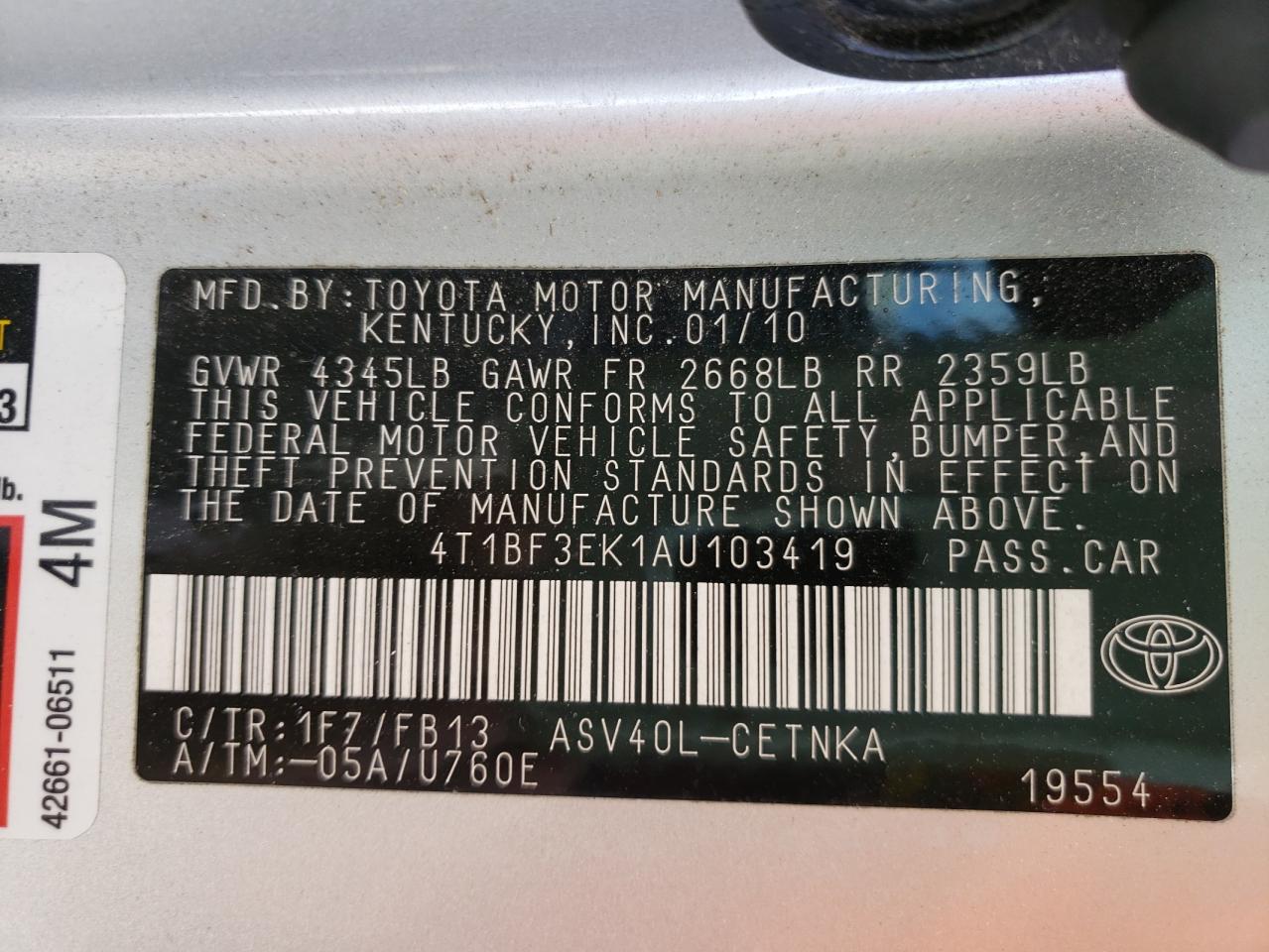Photo 10 from auction – 2010 TOYOTA CAMRY BASE with VIN 4T1BF3EK1AU103419