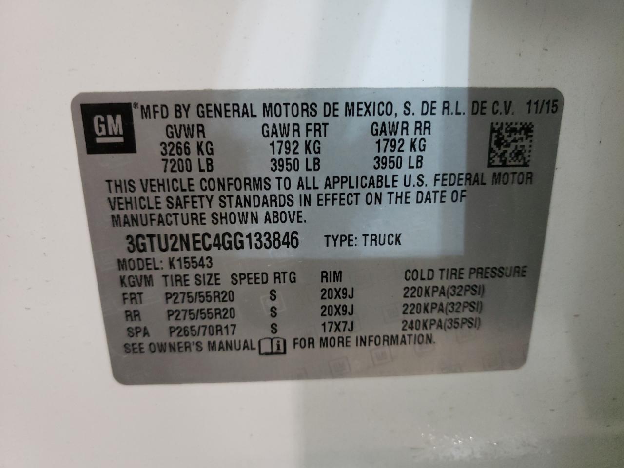Photo 10 from auction – 2016 GMC SIERRA K15 with VIN 3GTU2NEC4GG133846