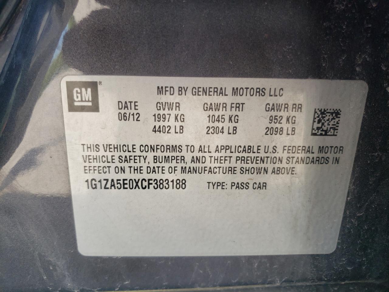 Photo 10 from auction – 2012 CHEVROLET MALIBU LS with VIN 1G1ZA5E0XCF383188