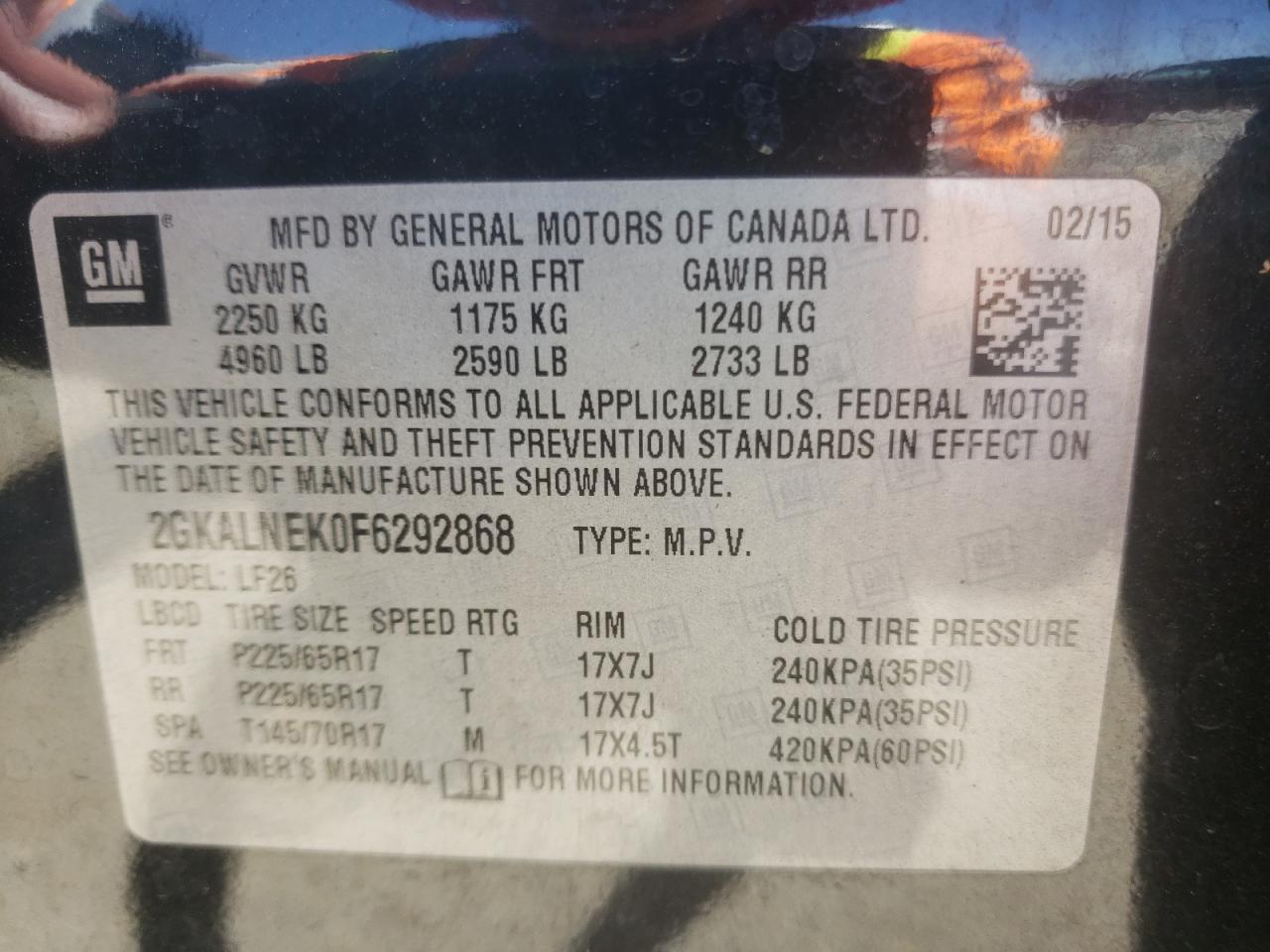 Photo 10 from auction – 2015 GMC TERRAIN SL with VIN 2GKALNEK0F6292868