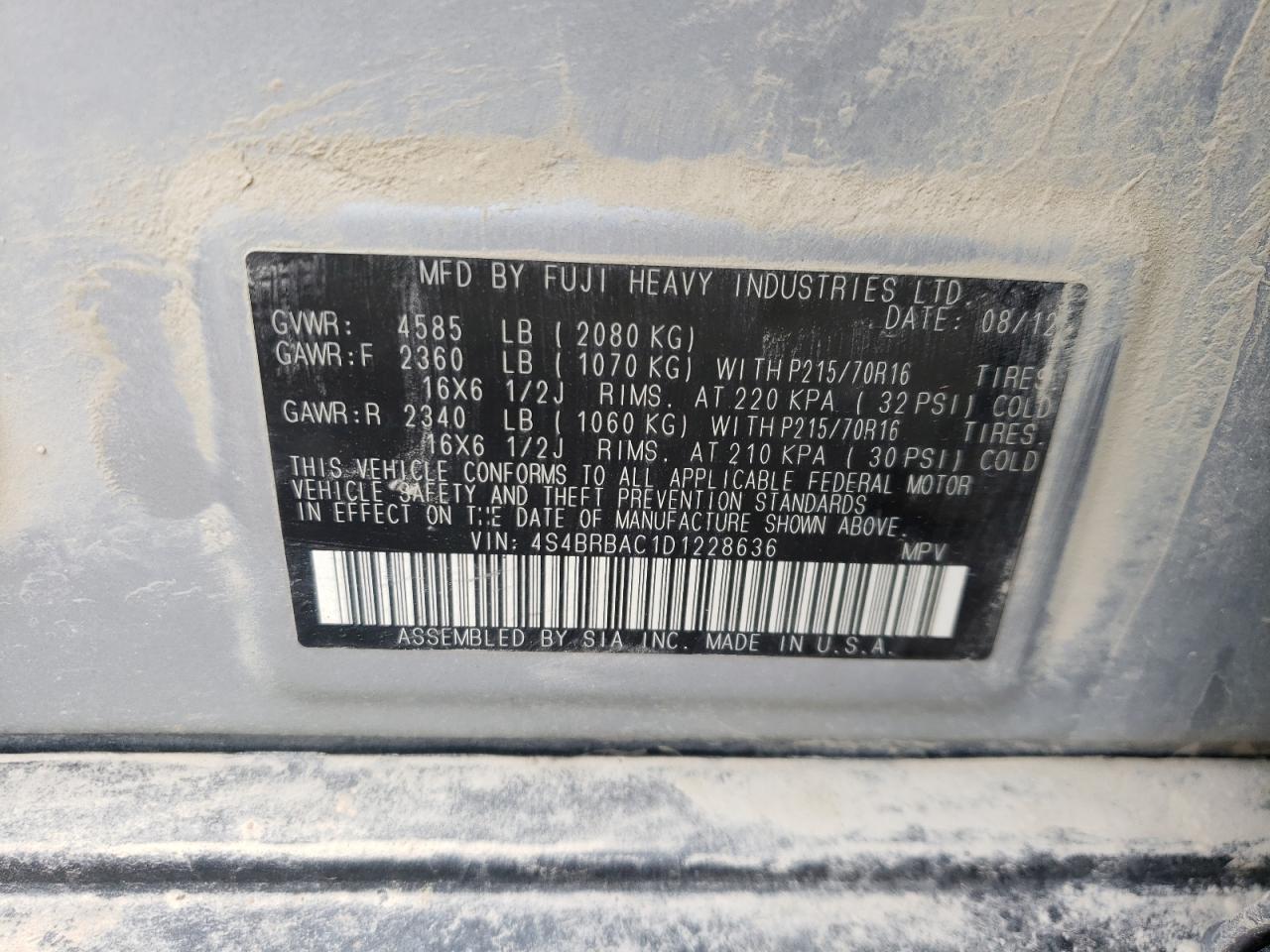 Photo 10 from auction – 2013 SUBARU OUTBACK 2. with VIN 4S4BRBAC1D1228636
