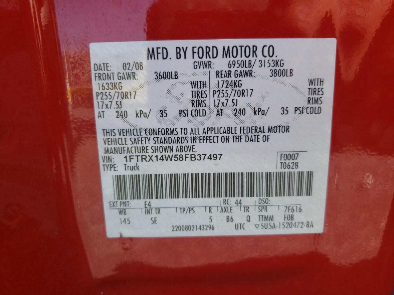 Photo 10 from auction – 2008 FORD F150 with VIN 1FTRX14W58FB37497
