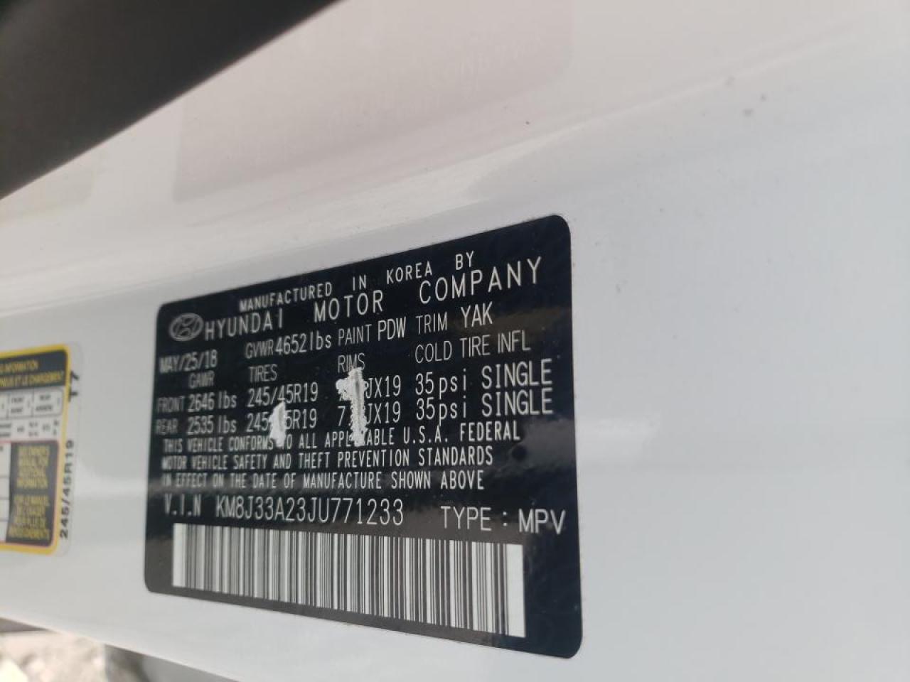 Photo 10 from auction – 2018 HYUNDAI TUCSON VAL with VIN KM8J33A23JU771233