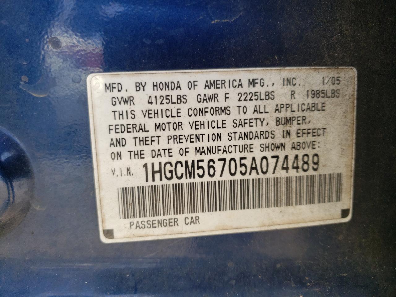 Photo 10 from auction – 2005 HONDA ACCORD EX with VIN 1HGCM56705A074489