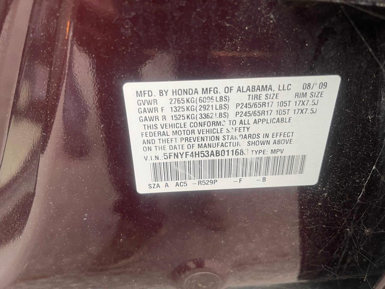 Photo 10 from auction – 2010 HONDA PILOT EXL with VIN 5FNYF4H53AB011683