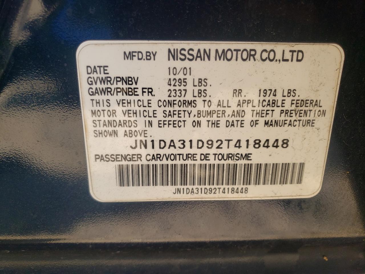 Photo 10 from auction – 2002 NISSAN MAXIMA GLE with VIN JN1DA31D92T418448