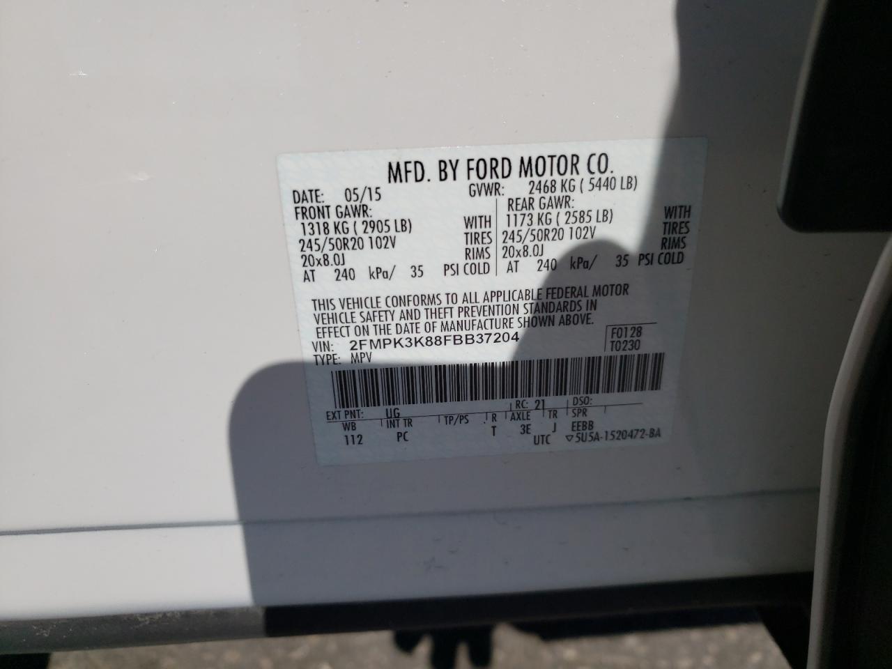 Photo 10 from auction – 2015 FORD EDGE TITAN with VIN 2FMPK3K88FBB37204