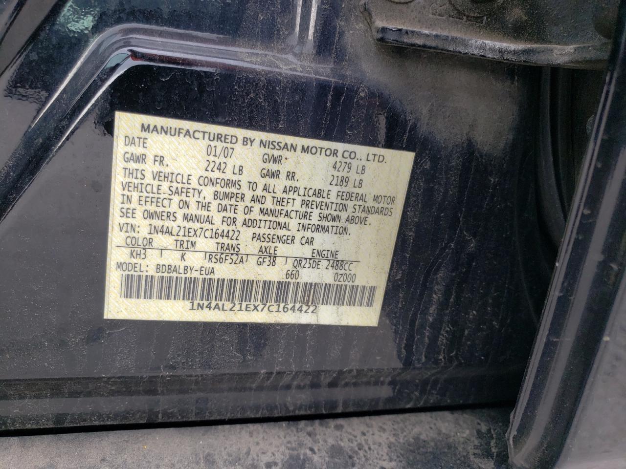 Photo 10 from auction – 2007 NISSAN ALTIMA 2.5 with VIN 1N4AL21EX7C164422