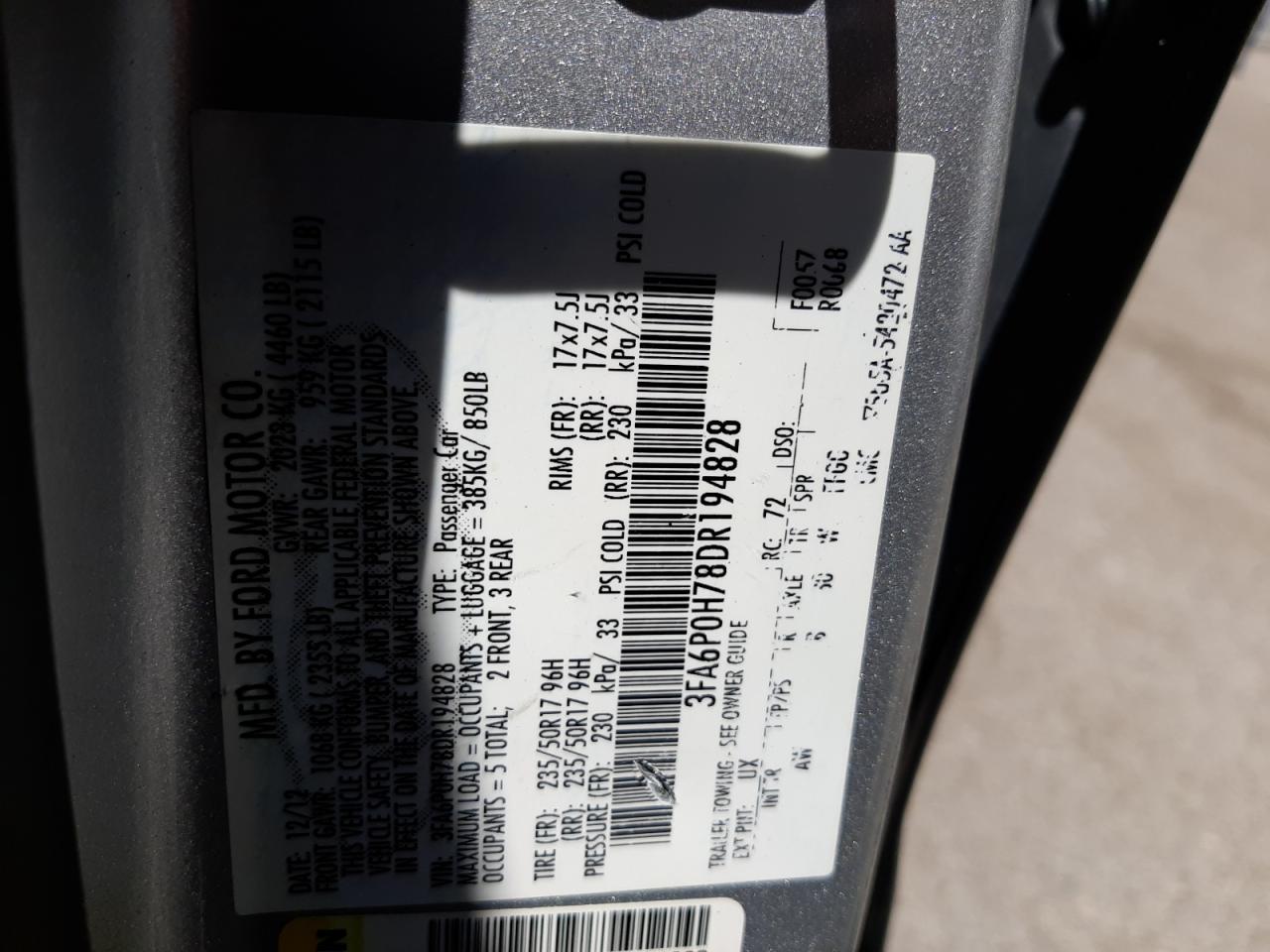 Photo 10 from auction – 2013 FORD FUSION SE with VIN 3FA6P0H78DR194828
