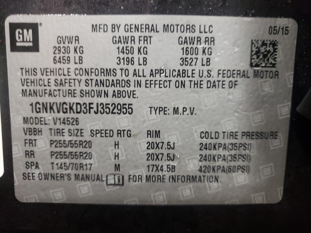 Photo 10 from auction – 2015 CHEVROLET TRAVERSE L with VIN 1GNKVGKD3FJ352955