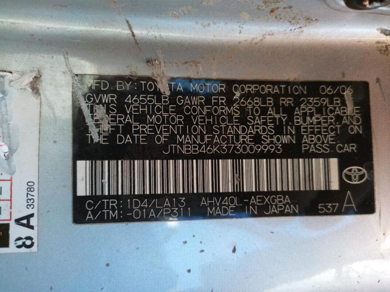 Photo 10 from auction – 2007 TOYOTA CAMRY HYBR with VIN JTNBB46K373009993