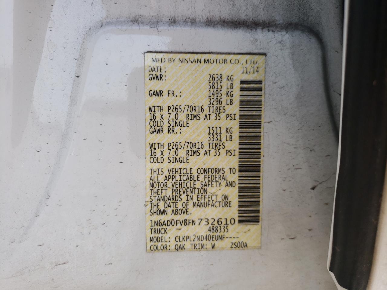 Photo 10 from auction – 2015 NISSAN FRONTIER S with VIN 1N6AD0FV8FN732610
