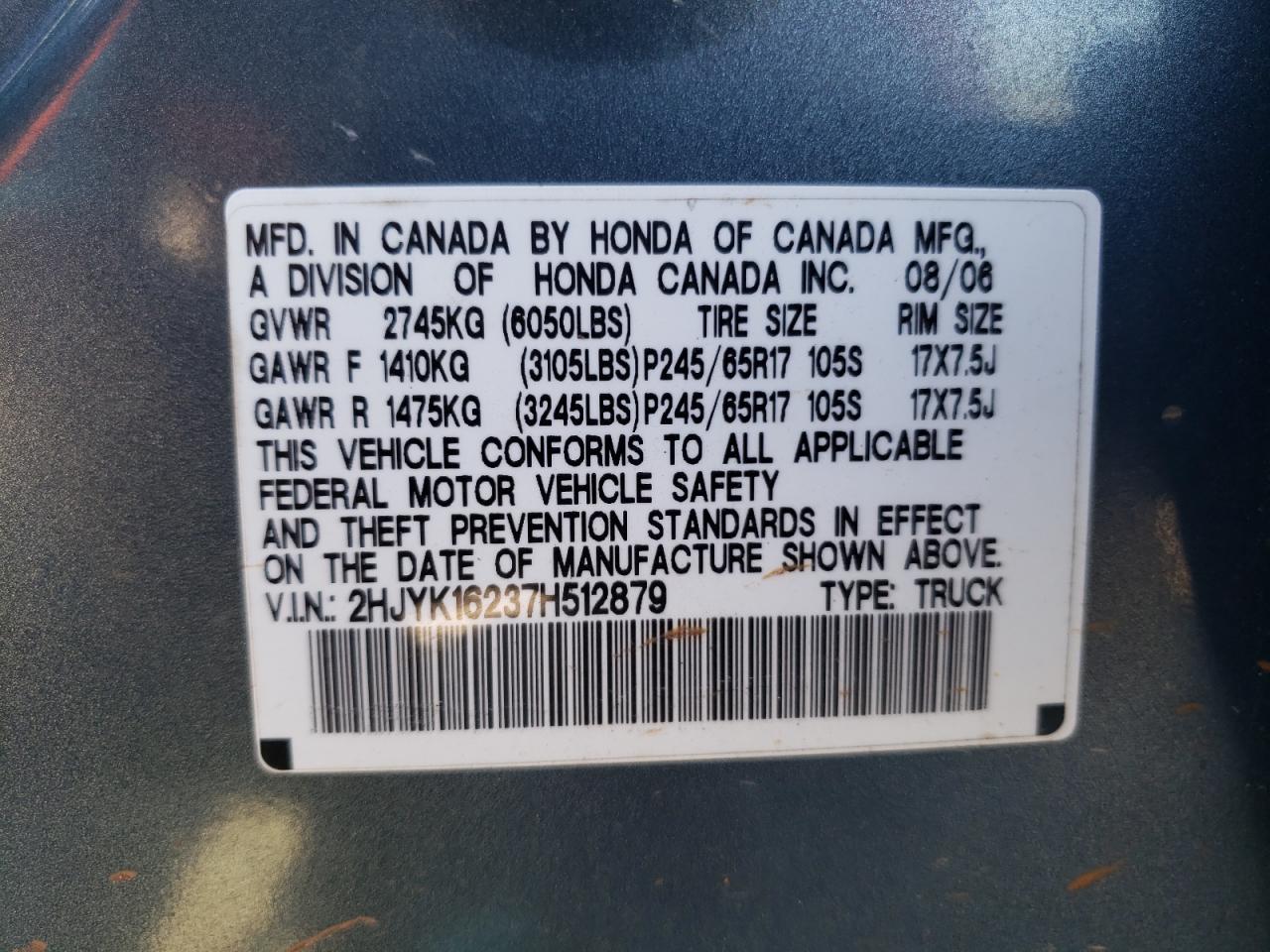 Photo 10 from auction – 2007 HONDA RIDGELINE with VIN 2HJYK16237H512879