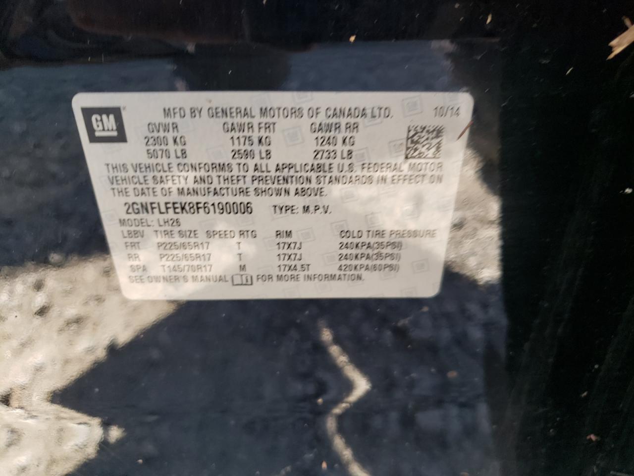 Photo 10 from auction – 2015 CHEVROLET EQUINOX LT with VIN 2GNFLFEK8F6190006