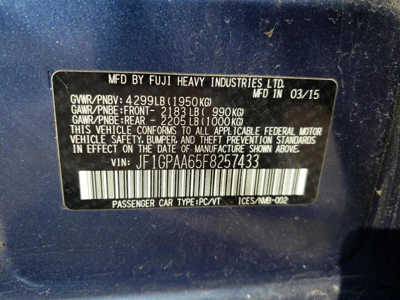 Photo 10 from auction – 2015 SUBARU IMPREZA with VIN JF1GPAA65F8257433