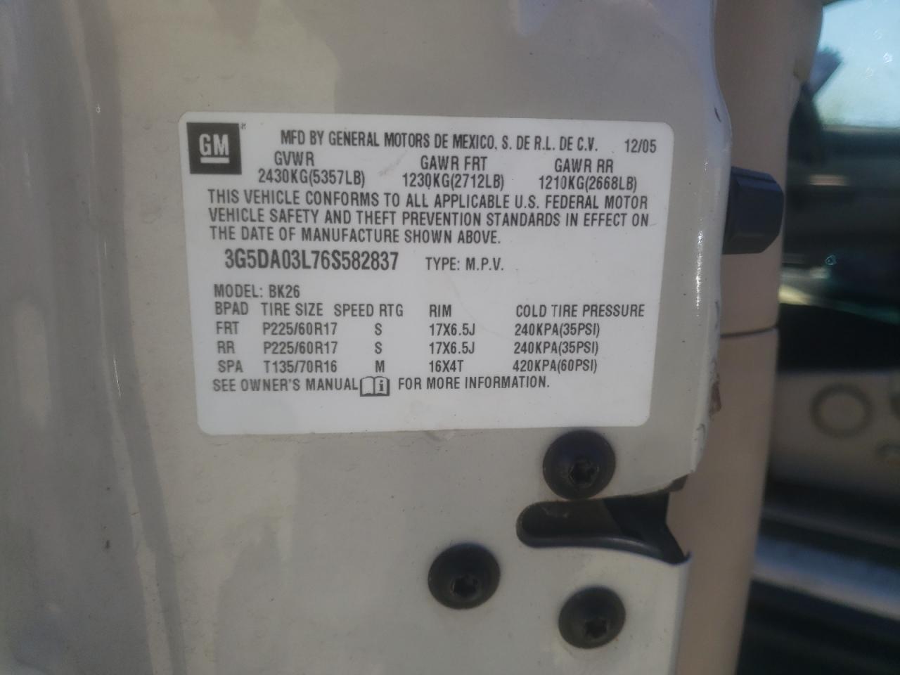 Photo 10 from auction – 2006 BUICK RENDEZVOUS with VIN 3G5DA03L76S582837